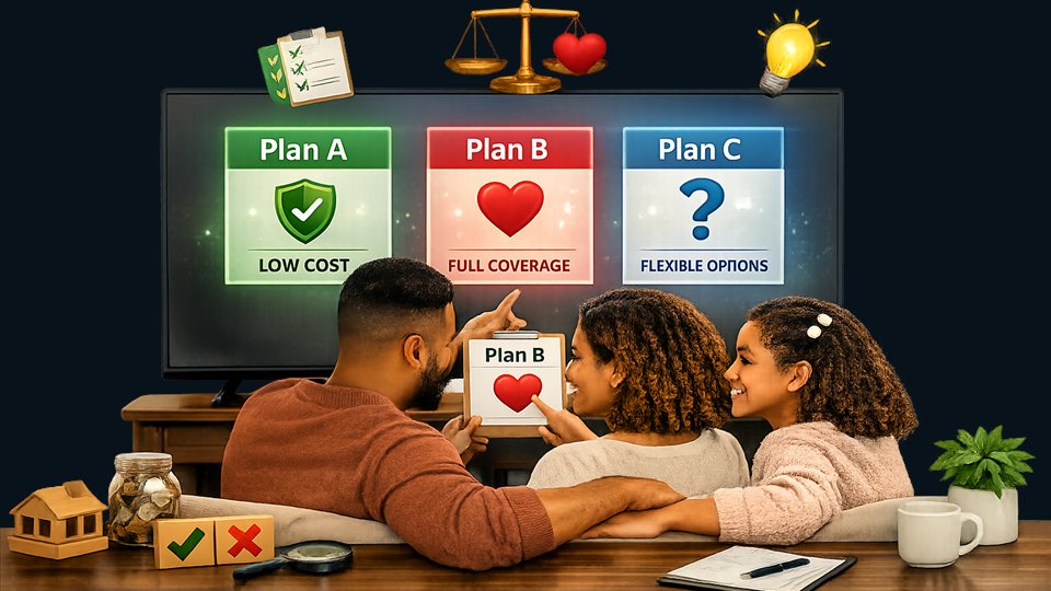 Family comparing life insurance options before choosing coverage.