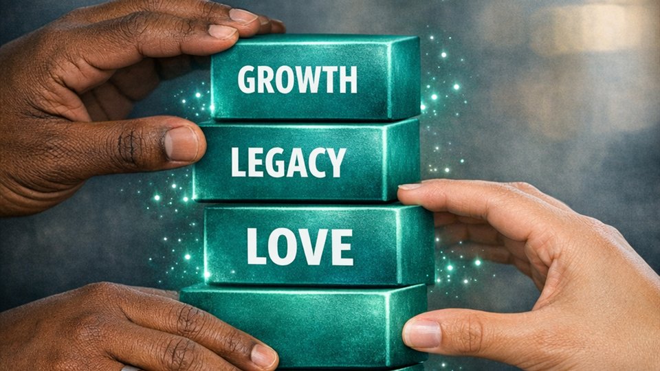 Hands holding planning blocks labeled protection, growth, legacy, and love.