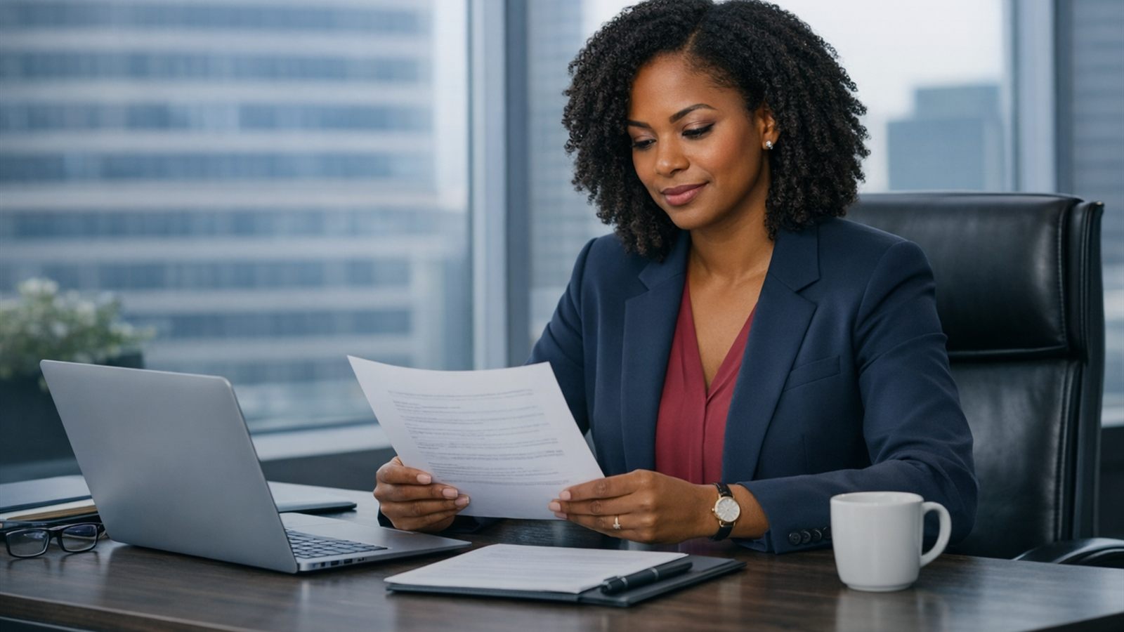 Minority female business owner reviewing continuity documents and planning notes at her desk.