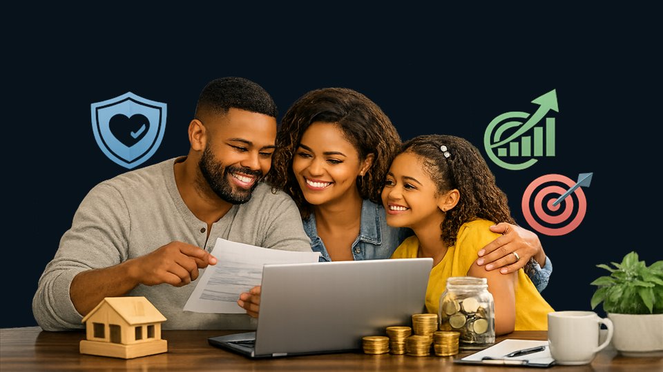 Minority family reviewing a laptop and financial notes together.