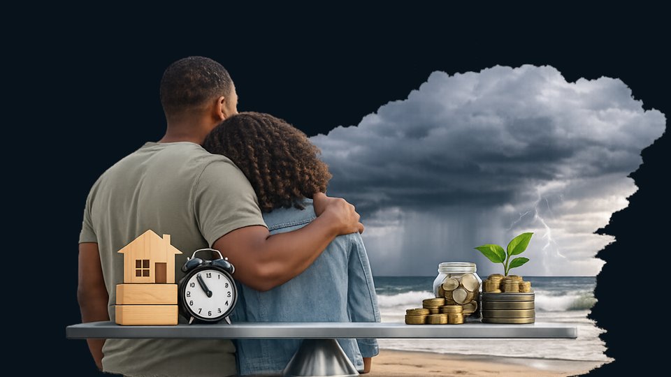 Family looking at a financial storm scene while considering coverage needs.