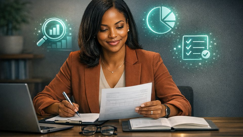 Minority woman reviewing financial documents at a desk.