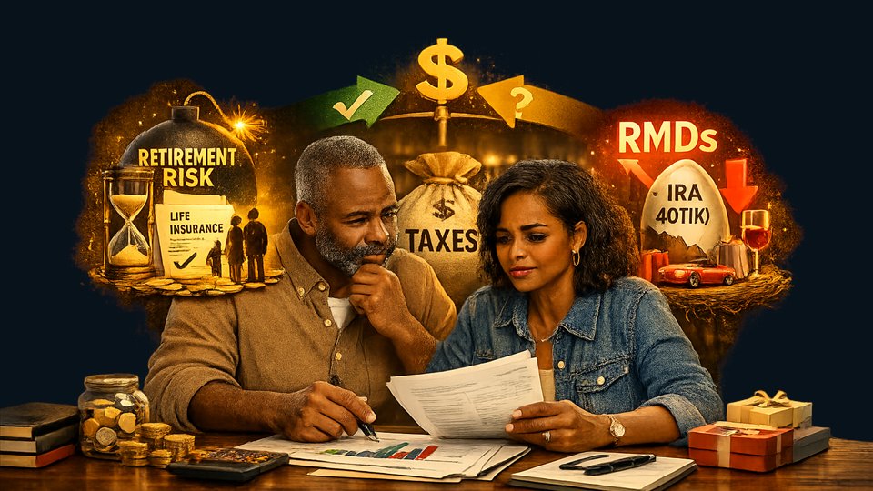 Couple reviewing retirement tax and RMD planning materials.