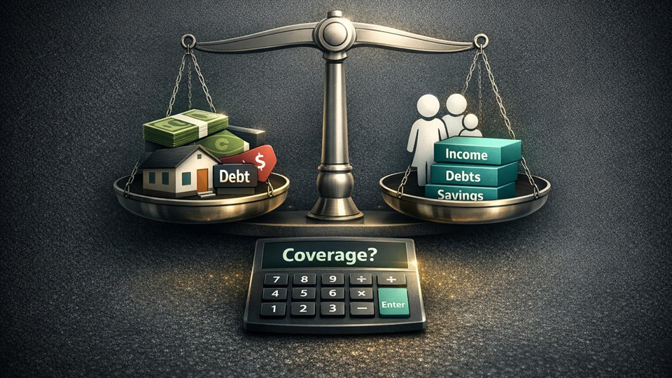 Balance scale showing coverage, debt, income, and services.