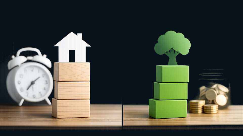 Retirement planning objects with a home, clock, and savings blocks.
