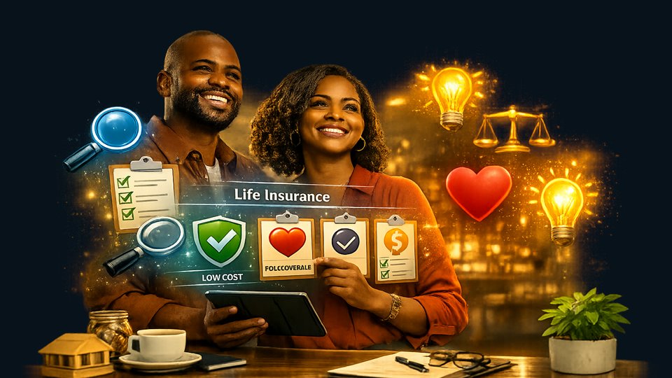 Couple reviewing life insurance education visuals.